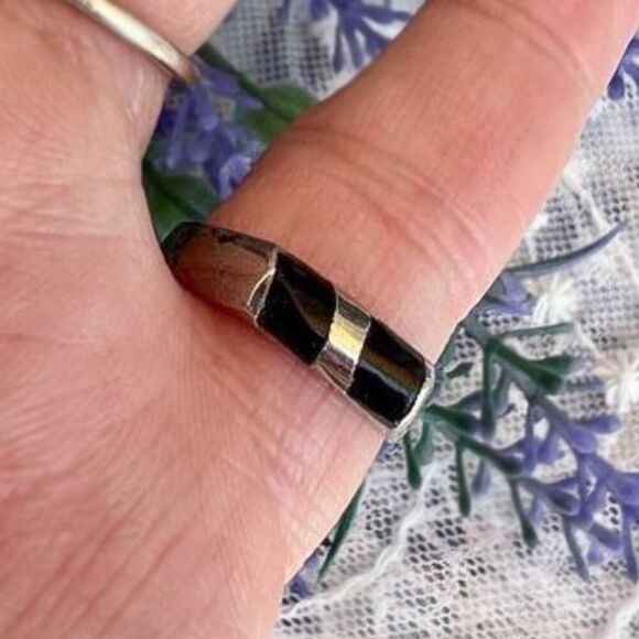 Vintage Mexican Black Inlay Ring Unisex - Picture 2 of 12